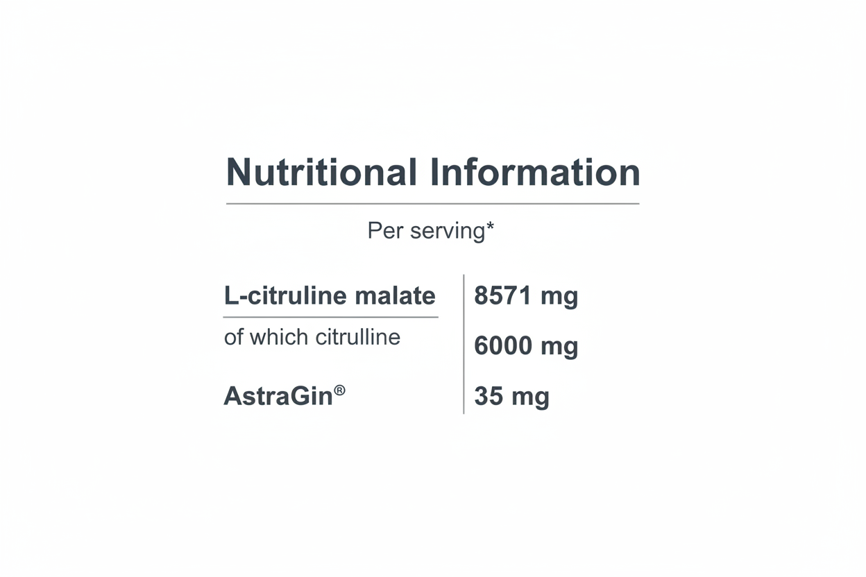 Nutritional Information

Per serving*
L-citrulline malate

of which citrulline

8571 mg

6000 mg

AstraGin®

35 mg